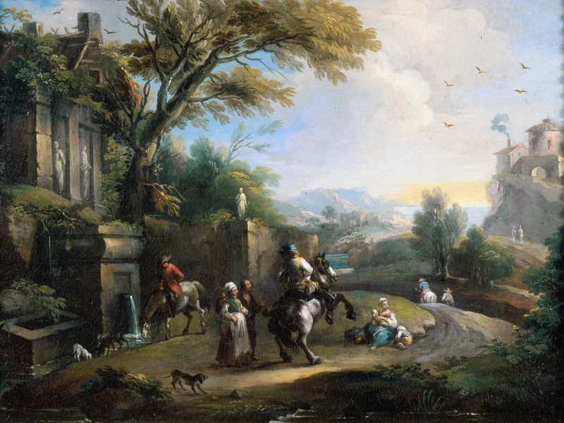 1687-Domenico Pecchio - Un paesaggio con persone, cavalli e cani